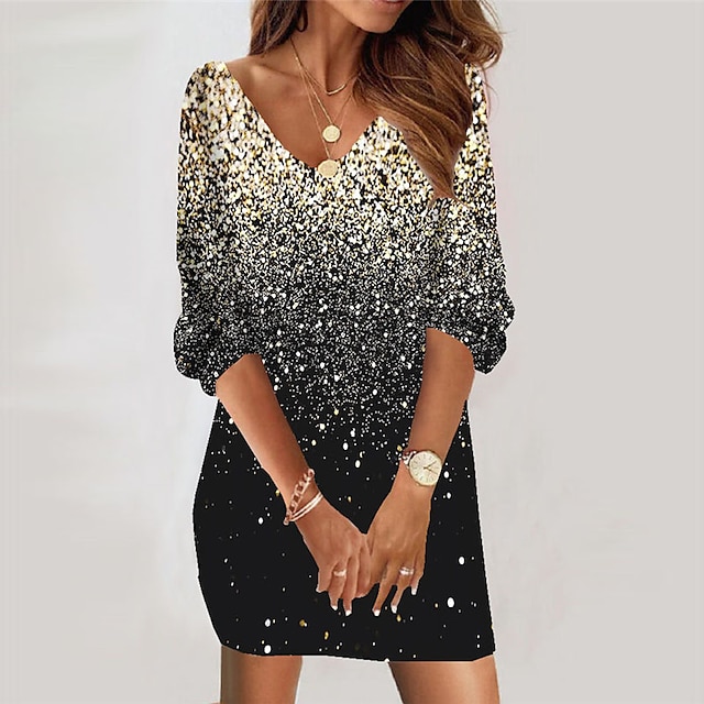 Women's Casual Dress Shift Dress Mini Dress Gold Color Gradient 3/4 Length Sleeve Fall Autumn Print Vacation V Neck Loose Fit Daily Vacation 2023 S M L XL XXL 3XL