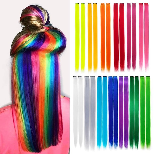  färgade festhöjdpunkter klipp i hårförlängningar för tjejer 20 tum flerfärgade rakt hår syntetiska hårstycken i festen