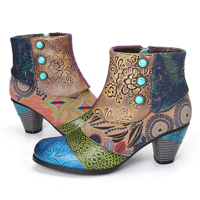 Bohemian Floral Embossed Ankle Boots for Women, Retro Ethnic Style ...