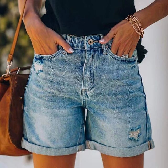  Femme Jeans Short Jean Poches latérales Découpé Taille médiale Court Bleu