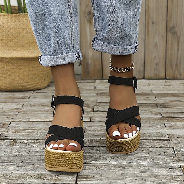  Women's Wedge Sandals Ankle Strap Sandals Outdoor Office Daily Solid Colored Summer Platform Open Toe Elegant Casual Suede Buckle Black Army Green Khaki