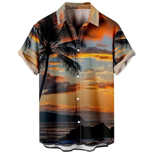  Voor heren Overhemd Hawaiiaans overhemd Grafisch overhemd Aloha-shirt Bloemig Luipaard Landschap Strijkijzer Wit Geel Marine Blauw blauw Stoffig blauw 3D-afdrukken Buiten Straat Korte Mouw Afdrukken