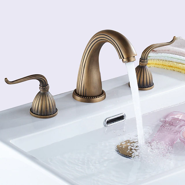 Widespread Bathroom Sink Mixer Faucet, Vintage Brass 3 Hole 2 Handles Basin Taps, Retro Style Bathroom Tap Contain with Cold and Hot Water Hose 13