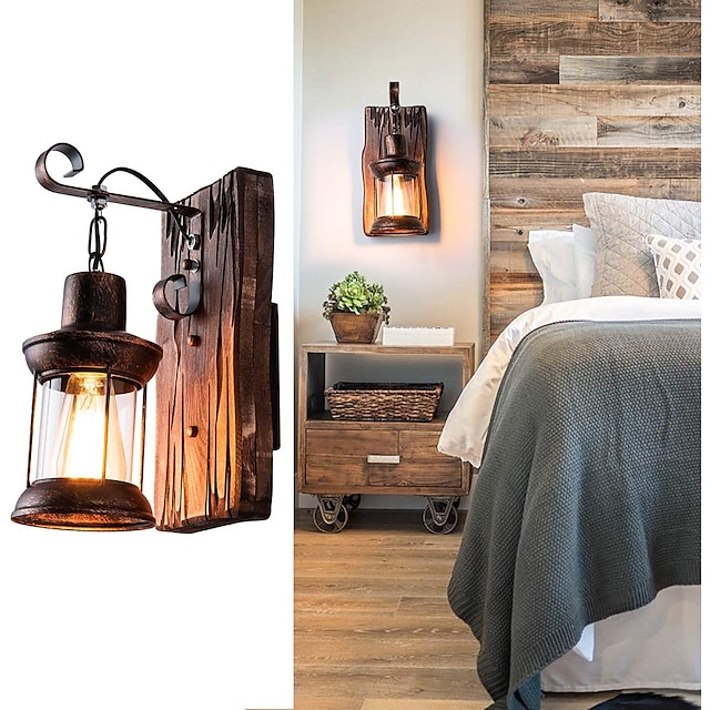  Lámparas de pared creativas de estilo vintage de 33 cm, apliques de pared de diseño de linterna de madera / bambú, hierro, interior, exterior, dormitorio, pasillo, luz de pared 110-120 / 220-240v