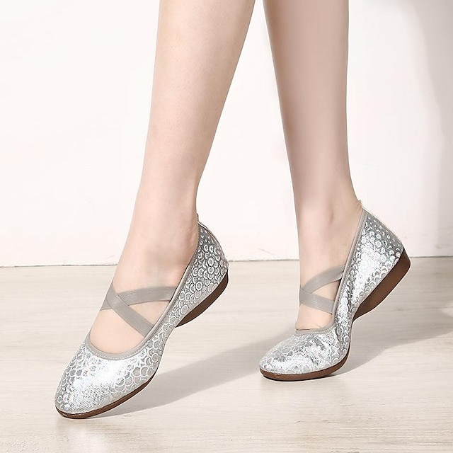  Women's Ballet Shoes Ballroom Shoes Modern Shoes Professional Outdoor Waltz Sparkling Shoes Party Contemporary Dance Flat Heel Elastic Band Silver Gold Red