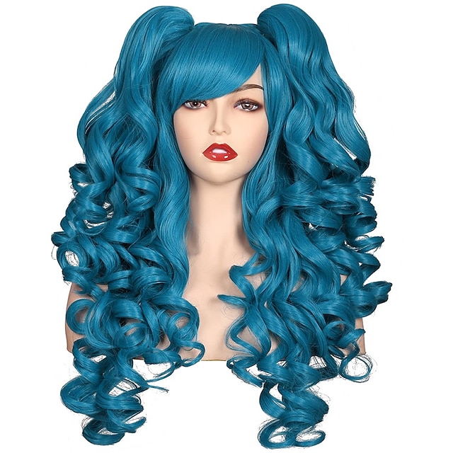  Long Curly Cosplay Wig with 2 Ponytails Wig Halloween Wig
