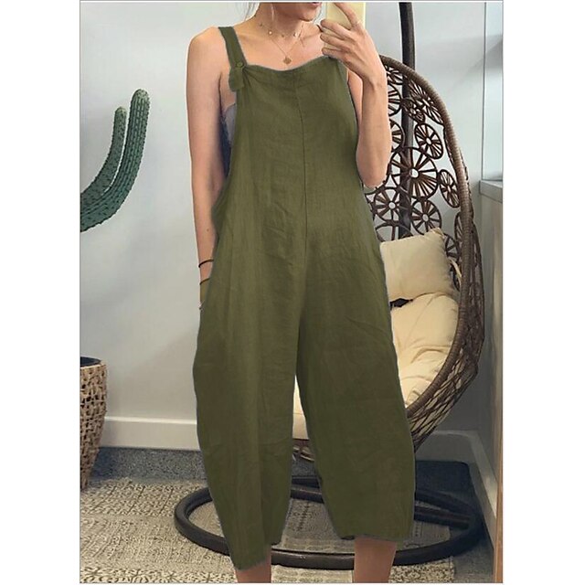 Women's Slacks Overalls Dungarees Faux Linen Yellow Army Green Red Mid ...