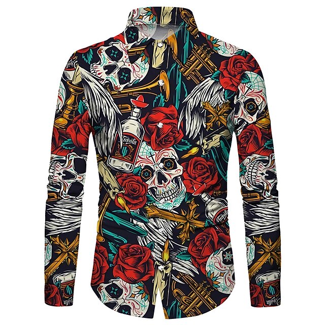 Men's Shirt Graphic Shirt Rose Skull Turndown Red 3D Print Outdoor Halloween Long Sleeve Print Button-Down Clothing Apparel Fashion Designer Casual Breathable3