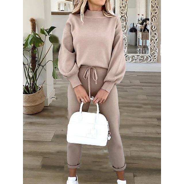 Women‘s Pajamas Winter Sets Dress Nighty 2 Pieces Pure Color Sport Comfort Home Daily Polyester Breathable Stand Collar Long Sleeve Pocket Adjustable Belt Included Winter Fall Pink Khaki / Pjs