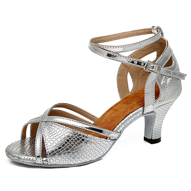 Women's Latin Shoes Dance Shoes Professional ChaCha Rumba Sparkling Shoes Stylish Flared Heel Buckle Adults' Dark Red Silver Gold 6