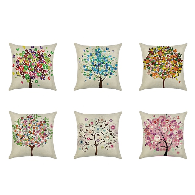  Set of 6 Botanical Bohemian Style Retro Cotton Faux Linen Decorative Square Throw Pillow Covers Set Cushion Case for Sofa Bedroom Car Outdoor Cushion for Sofa Couch Bed Chair