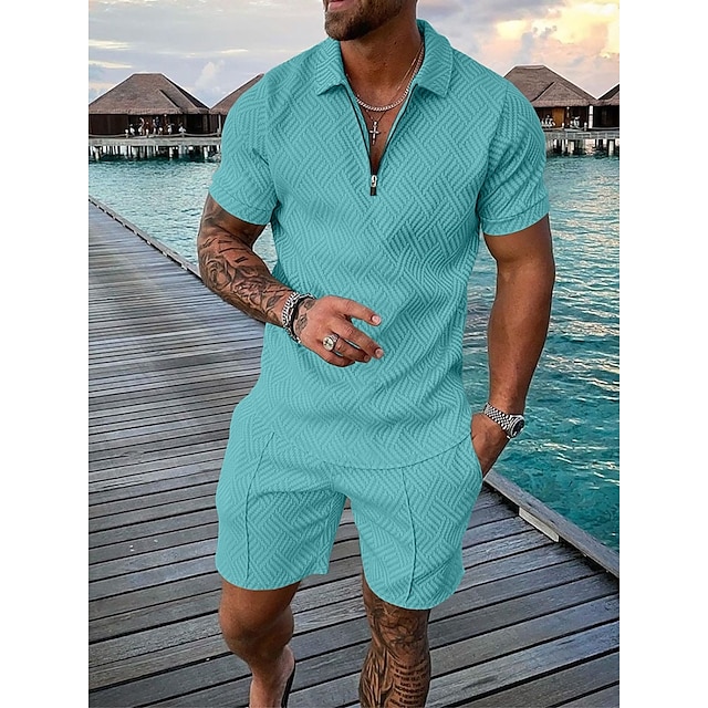  Men's Polo Shirt Shirt Suits Character V Neck Black-White Black Navy Blue Light Blue Gray 3D Print Men's leisure suit Outdoor Work Short Sleeves Zipper Braided Clothing Apparel Casual