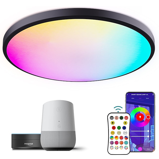  RGBCW Full Color Intelligent Dimming and Color Matching Bedroom Ceiling Lamp 24W WiFi Graffiti APP Bluetooth Voice Ceiling Lamp Can be Timed 2.4G Be Grouped Compatible with Alexa Google Home
