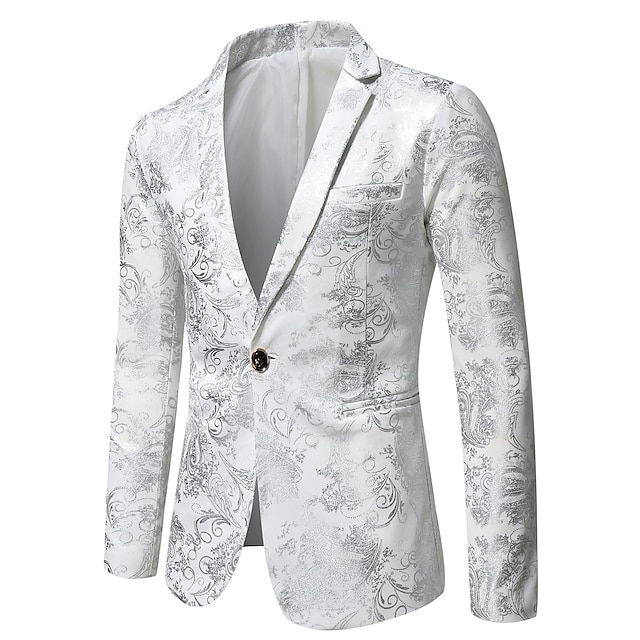  Men's Blazer Party Evening Business Attire Festival Antique Elegant & Luxurious Spring Fall Polyester Floral Pattern Modern Style Shining Single Breasted One-button Blazer Black White Gold