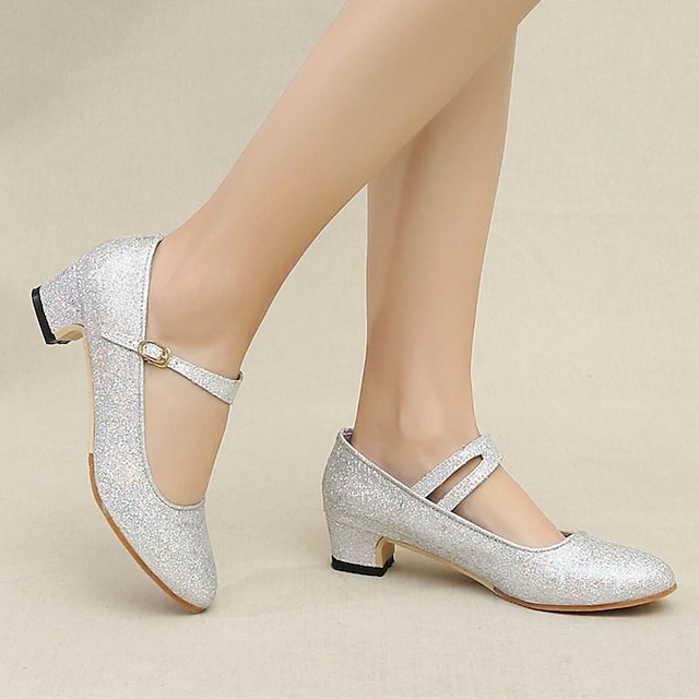  Women's Ballroom Dance Shoes Modern Shoes Performance Training Party Heel Contemporary Dance Low Heel Thick Heel Silver Gold