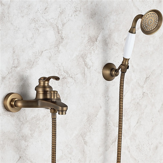  Shower Faucet,Antique Brass Shower Faucet SetRainfall Single Handle Three Holes  Antique Shower System Ceramic Valve Bath Shower Mixer Taps with Hot and Cold Water Switch