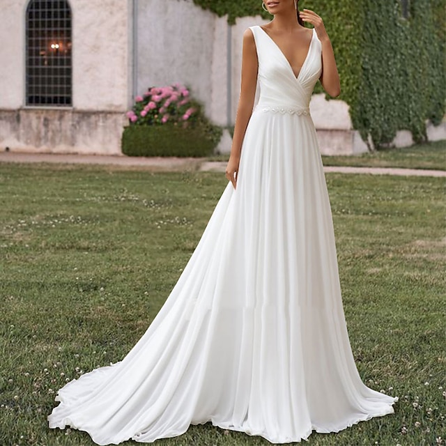  Hall Simple Wedding Dresses A-Line V Neck Sleeveless Sweep / Brush Train Chiffon Bridal Gowns With Pleats Pearls 2024