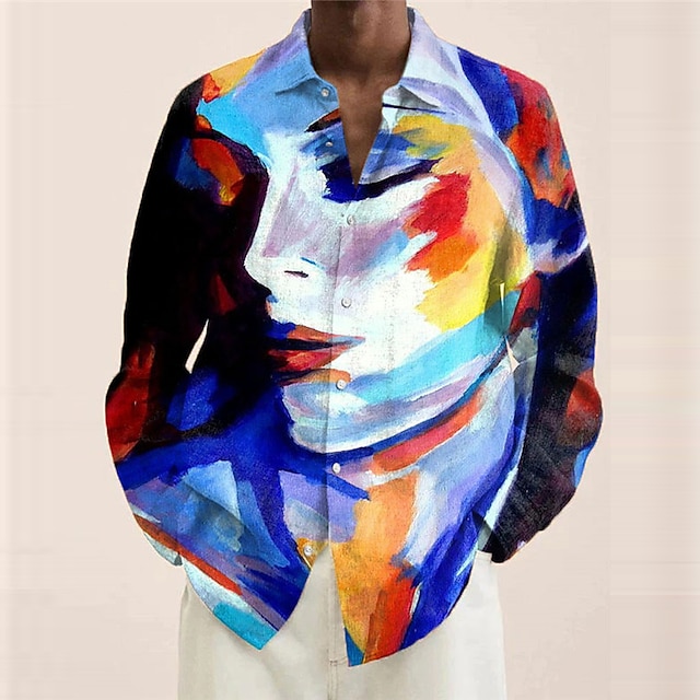  Portrait Of Woman Mens Graphic Shirt Abstract Turndown Lake Blue Yellow Red Green 3D Print Outdoor Street Long Sleeve Button Clothing Apparel Painting Colorful Casual Cotton Button-Down