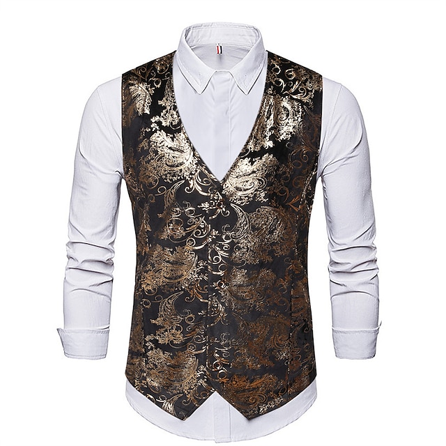  Homens Colete Gilet Casamento Festa Bagels à moda Confortável Verão Primavera Bolsos Poliéster Respirável Floral Não Trespassado Decote V Normal Prata Preto Azul Marinho Escuro Dourado Colete