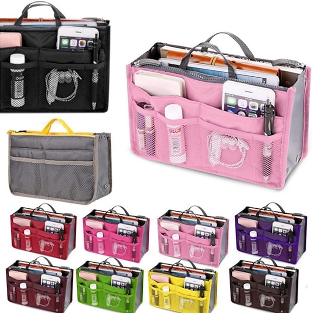  16 Color Practical Dual Handbag Purse Nylon Dual Organizer Insert Cosmetic Storage Bag Black