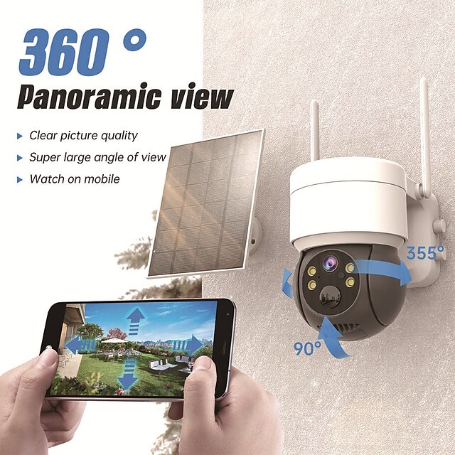  Solar Security Outdoor WiFi Camera, Pan Tilt 360° View IP66 Waterproof Rechargeable Wireless Battery Powered 1080P PTZ Camera with PIR, Color Night Vision,2-Way Talk, 4dbi Antenna