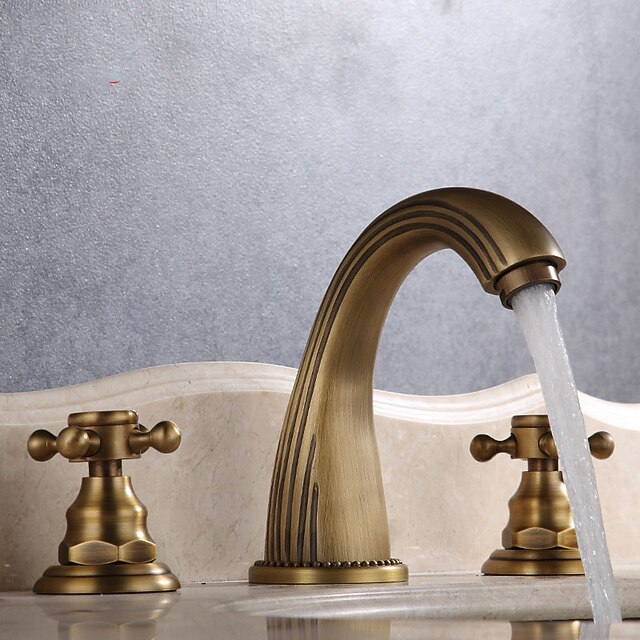 Widespread Bathroom Sink Mixer Faucet, Vintage Brass 3 Hole 2 Handles