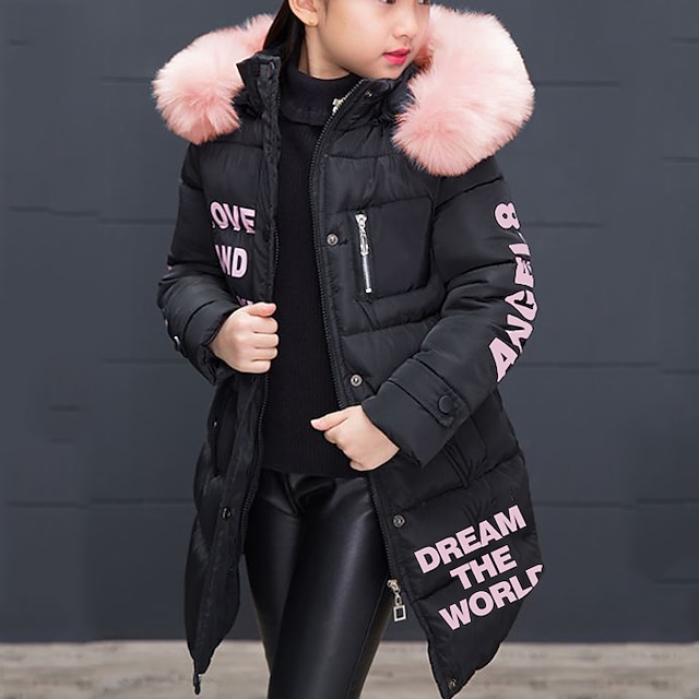  Kids Girls' Trench Coat Down Long Sleeve Green Black Pink Letter Zipper Winter Basic Street 4-12 Years / School / Cotton