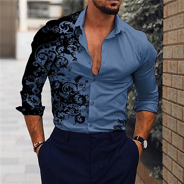 Men's Shirt Floral Print Long Sleeve Button-Down Tops Turndown Green ...