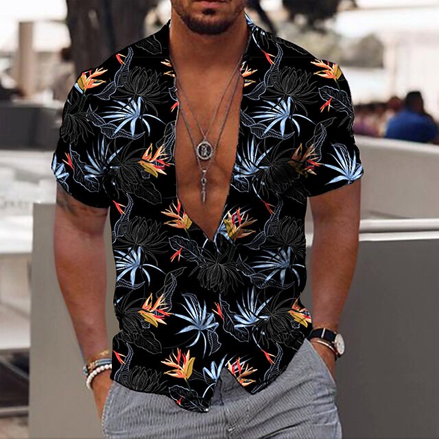 Men's Hawaiian Aloha Leaves Shirt Summer Shirt Summer Hawaiian Shirt Short Sleeve Fashion Designer Casual Outdoor Casual Holiday Summer Spring Turndown Print Button-Down Black-White Black Purple 8
