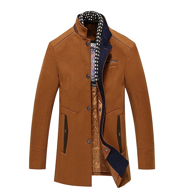  男性用 冬物コート 羊毛のコート オーバーコート ビジネス カジュアル 冬 ウール52% 防風 保温 アウターウェア 衣類 スタイリッシュ クラシック・タイムレス 非印刷 純色 ポケット スタンド シングルブレスト