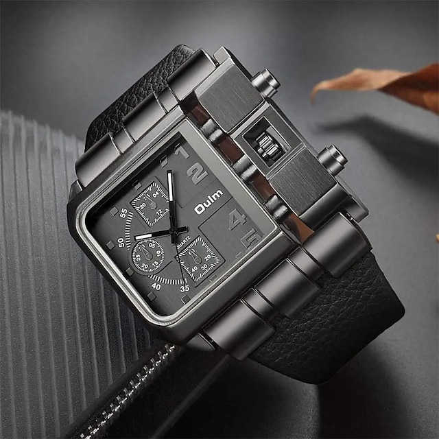  Oulm Mens Watches Rectangle Quartz Wrist Watch with Black Leather Strap Waterproof and Scratch Resistant Business Watches for Work & Sports