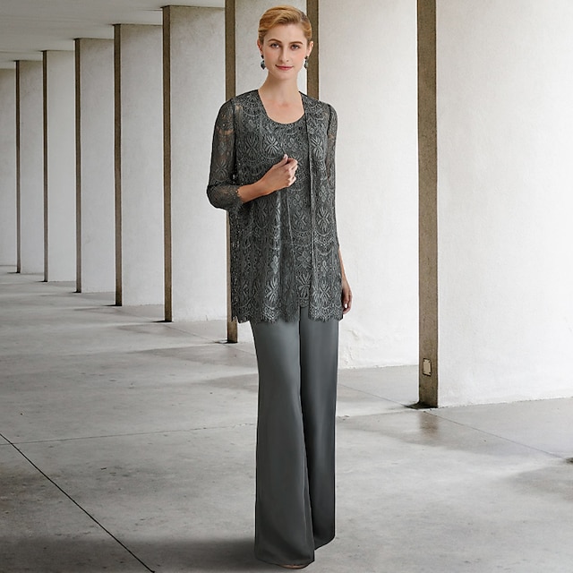  Jumpsuit  Nadrágruha 3 részes Ara anyának Formális esküvői vendég Elegáns Nagy méretű Kötés beleértve Ékkő nyak Padlóhosszú Chiffon Csipkével Ujjatlan Egyszínű 2025 ingyenes egyedi méret