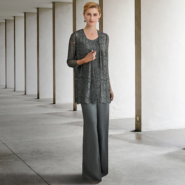 Pantsuit 3 Piece Mother of the Bride Formal Wedding Guest Elegant Plus Size Wrap Included Jewel Neck Floor Length Chiffon Lace Sleeveless with Solid Color 11