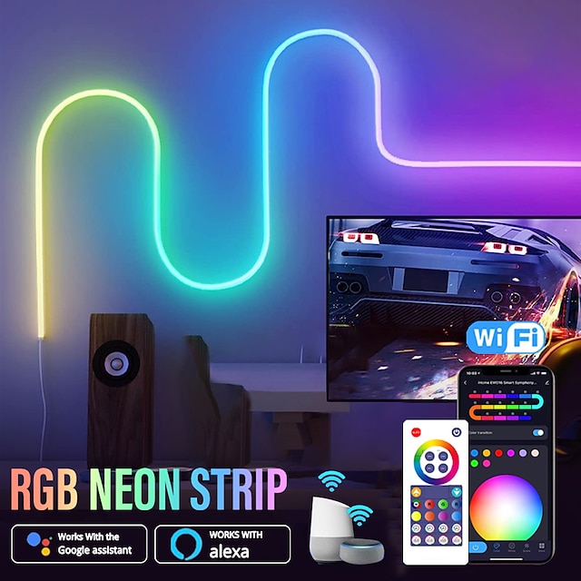 3M/5M RGBIC Strip Lights Neon Light with WIFI Neon Rope Light DIY Light Bar APP Control Music Sync TV Backlight Game Living Room Bedroom Decoration
