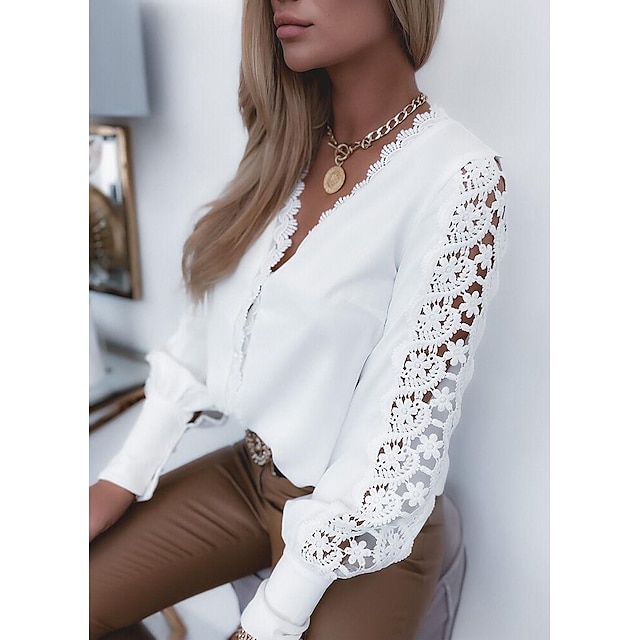 Women's Lace Shirt Blouse Solid Colored Daily White Lace Elegant ...