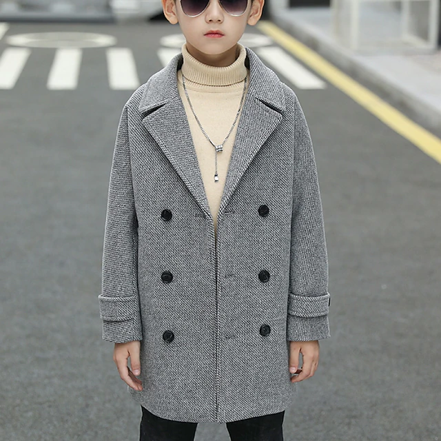 Boys 3D Plain Woolen Coat Long Sleeve Fall Winter Streetwear Basic Kids 4-13 Years Daily Regular Fit 14