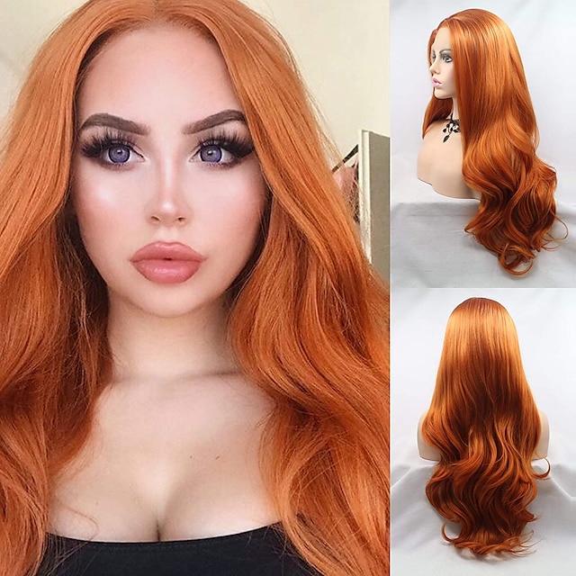  długie żółte pomarańczowe faliste peruki włosy syntetyczne koronki przodu peruki mix kolor żółty pomarańczowy dla kobiet z włókna żaroodpornego do wymiany włosów peruka miękkie pomarańczowe włosy