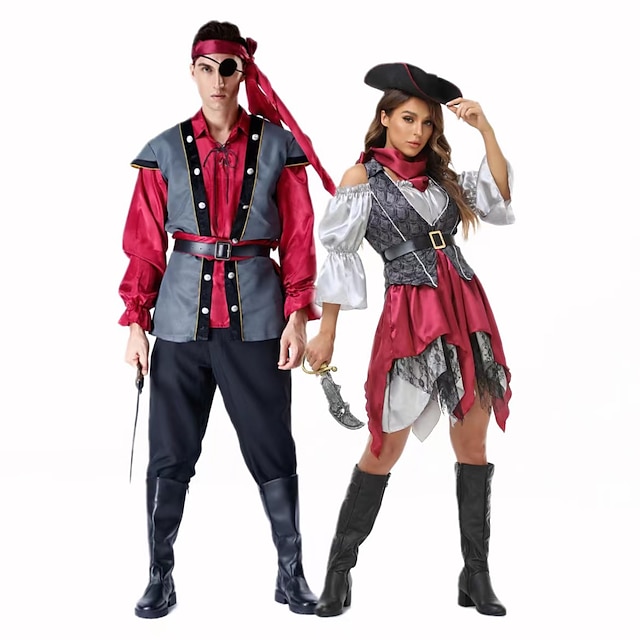  Pirates des Caraïbes Déguisements de couple Homme Femme Cosplay de Film Cosplay Rouge Gilet Haut Robe Carnaval Mascarade Polyester