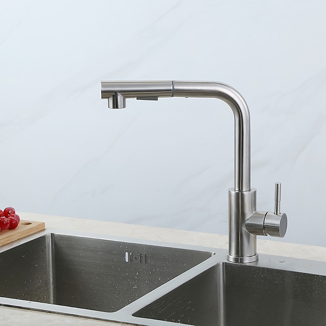 robinet de bucătărie, oțel inoxidabil 304 cu un singur mâner, cu o gaură, nichel periat, extractibil / derulabil / standard, set central cu duza, minimalist / modern, contemporan robinet de bucătărie