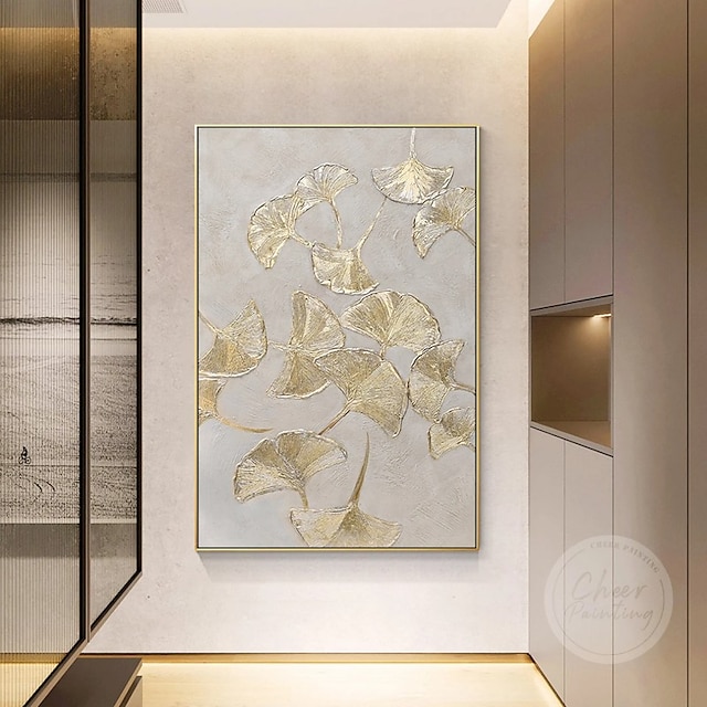  botanisk oljemålning guld ginkgo biloba blad handgjorda målade väggkonst på duk modern heminredning present rullad duk utan ram osträckt vardagsrum