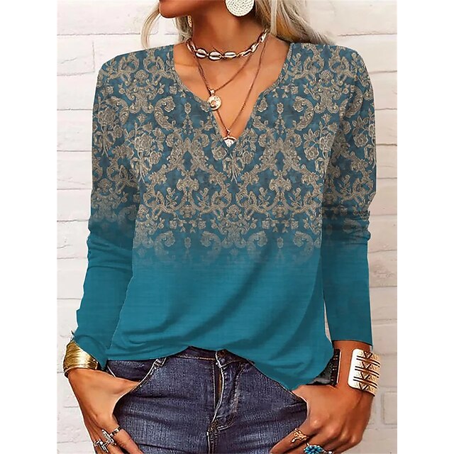  Women's T shirt Tee Blue Dusty Blue Floral Home Casual Long Sleeve V Neck Vintage Regular Loose Fit Floral S / 3D Print