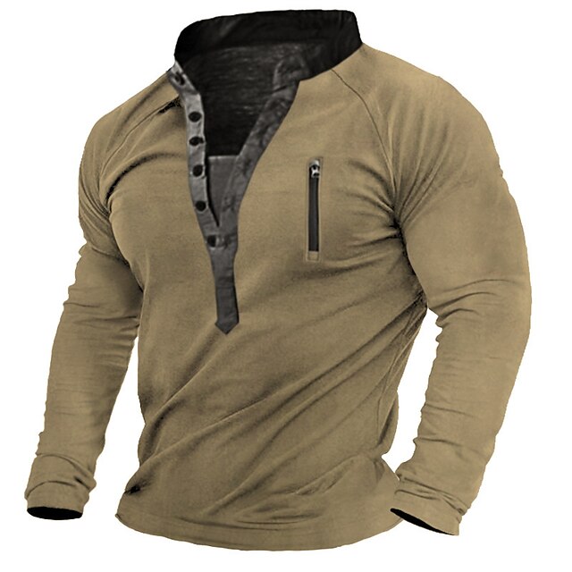 Men's Plus Size Big Tall T shirt Tee Henley Shirt Tee Stand Collar Dark Green Khaki Long Sleeve Outdoor Going out Front Zip Front Pocket Button-Down Plain Clothing Apparel Polyester Stylish Solid3
