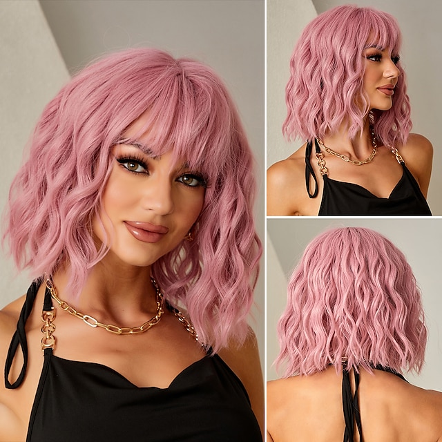  perruque bob rose courte perruque synthétique de cheveux de vague naturelle pour les femmes partie quotidienne haute densité résistant à la chaleur perruques de fête de noël