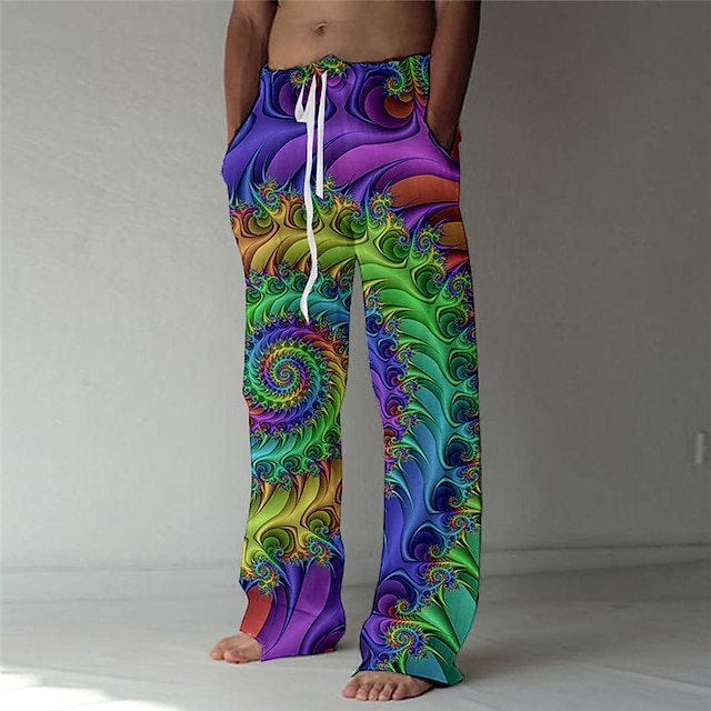  Men's Trousers Summer Pants Beach Pants Drawstring Elastic Waist Straight Leg Abstract Graphic Prints Comfort Breathable Casual Daily Holiday Streetwear Designer Green Rainbow