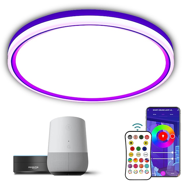  24W Full Color Intelligent Dimming and Color Bedroom Ceiling Lamp 11.7in WiFi Graffiti APP Bluetooth Voice Ceiling Lamp Can be Timed 2.4G Be Grouped Compatible with Alexa Google Home