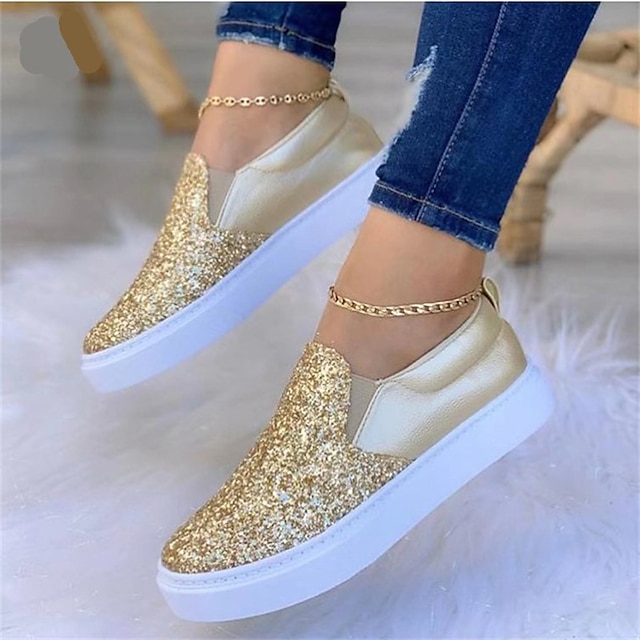  Women's Sneakers Bling Bling Shoes Plus Size Slip-on Sneakers Daily Sequin Flat Heel Round Toe Casual Glitter Loafer Black Golden Brown