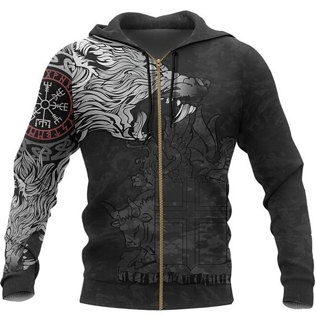 Men's Wolf Graphic Prints Hoodie Hoodies Sweatshirt Streetwear Designer Long Sleeve Hooded Sports & Outdoor Daily Sports Black Zipper Print Spring &  Fall Designer3