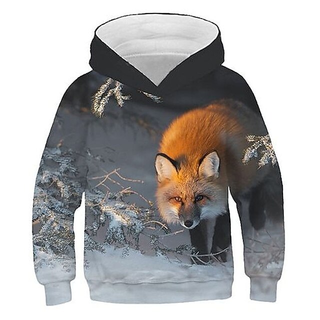 Kids Boys Hoodie Long Sleeve 3D Print Animal Fox Gray Brown Children Tops Spring Fall Active Cute School Outdoor 3-12 Years3