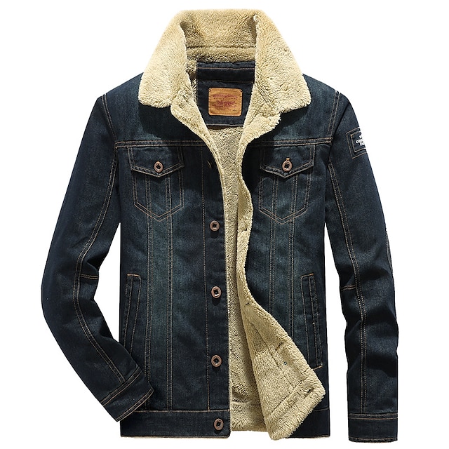  men's long sleeves lapel sherpa fleece lined black jean denim jacket coat(0047-dark blue-m)