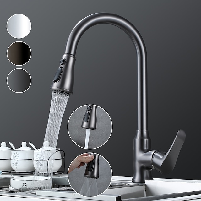  køkkenhane med udtræksspray, enkelt håndtag et hul messing højbue 3-tilstande køkkenhaner i minimalistisk stil (pistol grå/sort/krom)